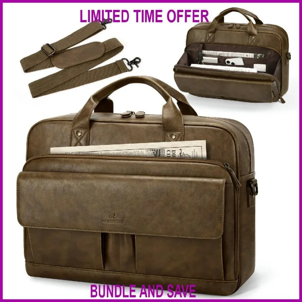15.6 Inch PU Leather Messenger Bag with Laptop Compartment & Luggage Strap